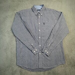 Ben Sherman Mens Button Down Shirt Large Navy Gingham Check 100% Cotton RN151451